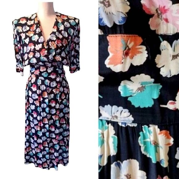 VTG 80s Colorful Floral on Black Basque Waist Dress Size 12 *fits like Small - Picture 1 of 16